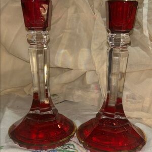 SC Line Italy Same Cristallerie lead Crystal Cranberry Red/ Gold candlesticks.